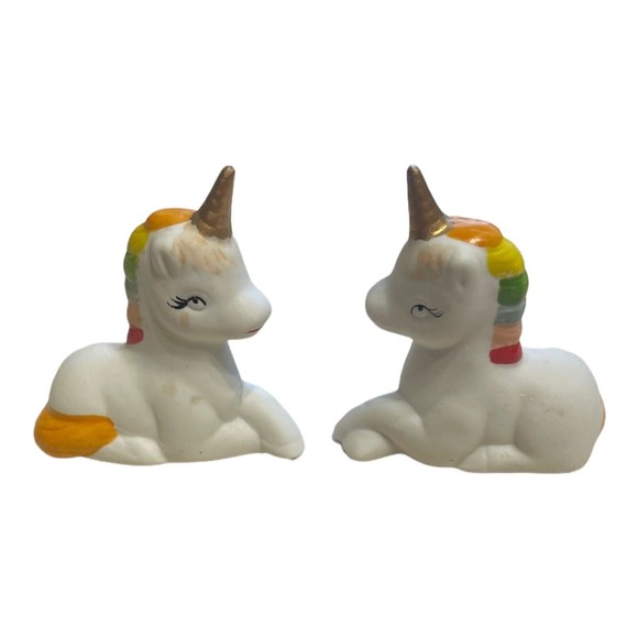 Vintage 1980’s Ceramic Unicorns With Rainbow Mane Pride Figurine China See Pics - Picture 1 of 10